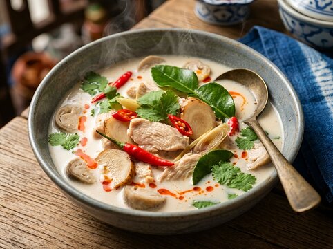 Thai Coconut Chicken Soup Tom Kha Gai. For authentic Thai restaurant menus, herbal comfort food recipes, Southeast Asian travel and gastronomy, healthy soup concepts, and home cooked traditional meals