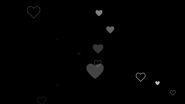 White hearts flying on black background. Glowing sparkle hearts flying animation for valentine loop, fast glowing hearts streaks, white shimmer particles overlay in 4k