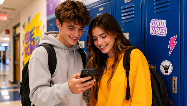 Happy teenagers looking at smartphone in school hallway. High school students smiling at phone screen next to blue lockers. Youth and technology concept