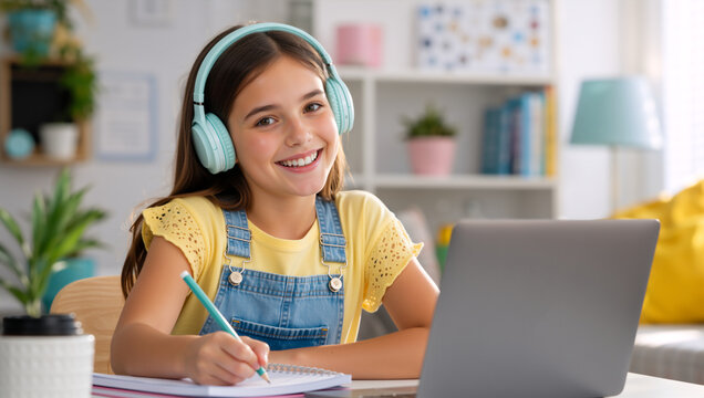 Happy young girl with headphones studying online with a laptop. Smiling child writing in a notebook at her desk. E-learning and homeschooling concept