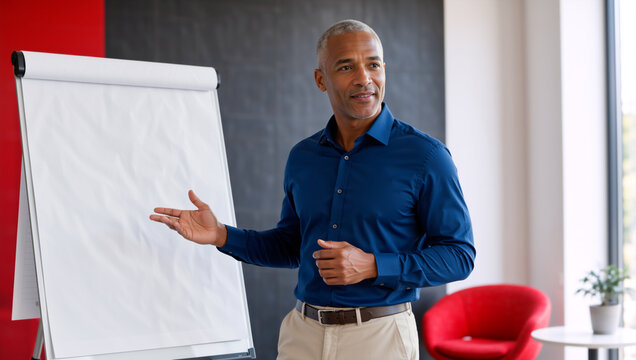 Mature Black businessman presenting with blank flipchart in modern office. Professional male coach gesturing towards whiteboard during seminar. Corporate training concept