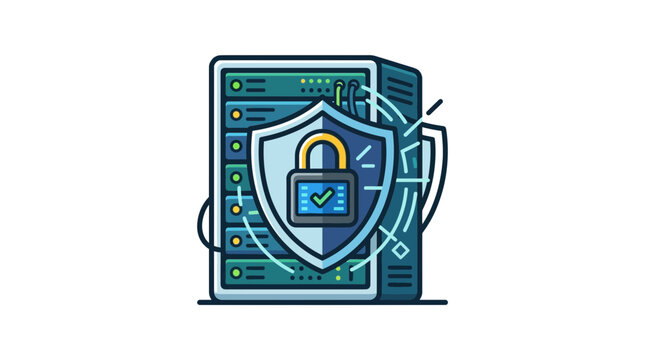 Server Security Icon: Padlock Shield on Computer Rack, Data Protection Concept