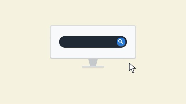 Minimal computer monitor interface with a mouse cursor clicking a search icon, followed by a subtle search activation animation, representing online search, digital navigation, information discovery,
