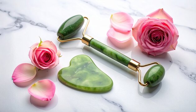 Natural green jade facial roller and smooth gua sha massage stone beside delicate pink rose petals on elegant white marble table