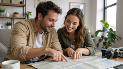Fototapeta premium Happy young couple planning travel route on paper map. Smiling man and woman looking at map with camera on table. Vacation adventure concept