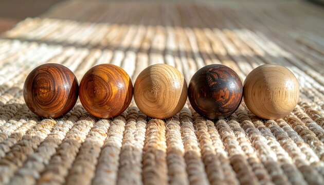 Five spherical wooden balls made from different timber species arranged consecutively on soft woven rug in morning sunlight