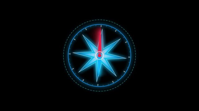 Cybernetic holographic compass navigation grid with rotating minute hand and glowing magenta paths on a dark futuristic background