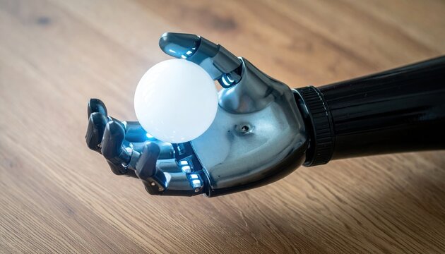Futuristic bionic hand holding small white sphere with glowing fingertip sensors above wooden desk