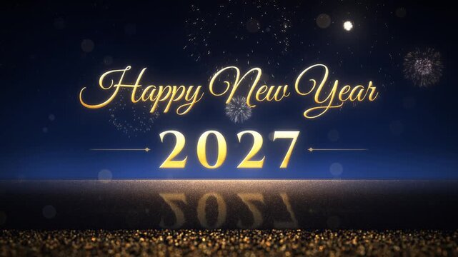Happy New Year 2027 Gold Script Text With Fireworks and Reflection on Navy Blue Background. Elegant Holiday Greeting Animation With Glitter Bokeh Floor