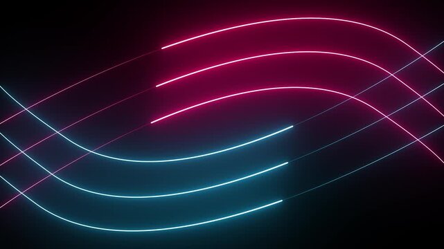 Abstract neon pink and blue glowing laser lines intersecting and waving across a dark background loop, futuristic light show