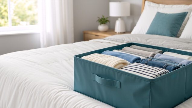 Home organization with folded clothes in fabric storage box. Decluttering and tidy bedroom concept on white bed
