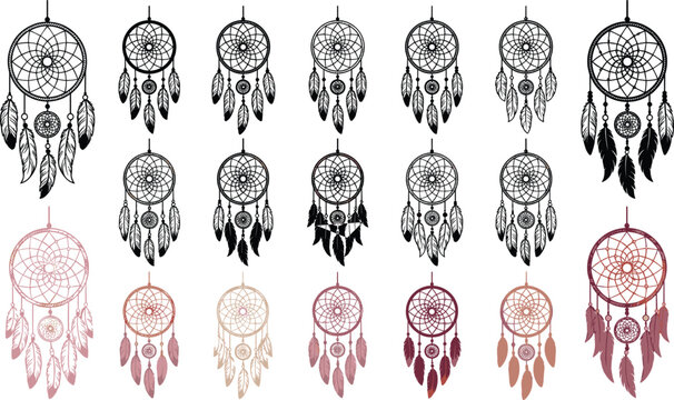 Native American dreamcatcher vector set with hanging feathers and intricate tribal net web patterns isolated illustration