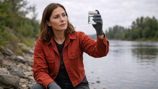 Female environmental scientist inspecting a water sample in a glass jar by a river. Researcher conducting ecological field work and water quality testing