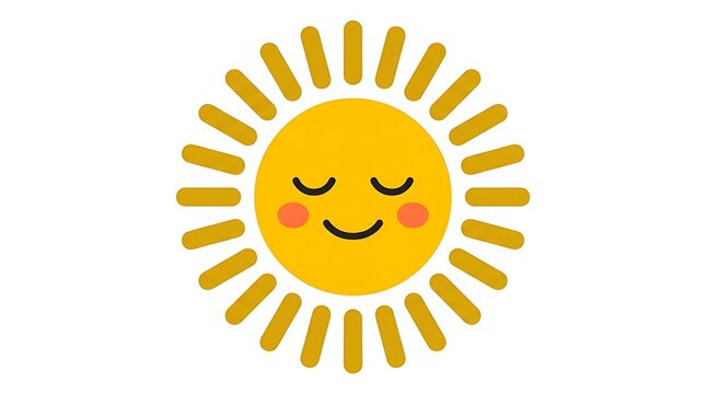 A cute yellow sun icon with a smiling face and blushing cheeks on a white background with illustration simple smiling closed eyes round
