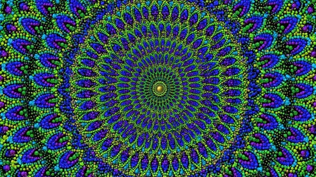 A vibrant digital mandala pattern created with intricate blue and green dot art textures. Ideal for spiritual backgrounds or meditation and mindfulness design projects.