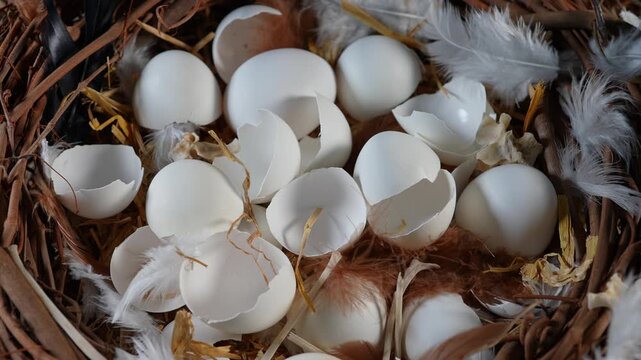 Nest filled with open cracked eggs. Bird nest with hatched eggs wildlife and nature. Close up wildlife breeding. Nest made of twigs and sticks. Breeding season illustrative composition.