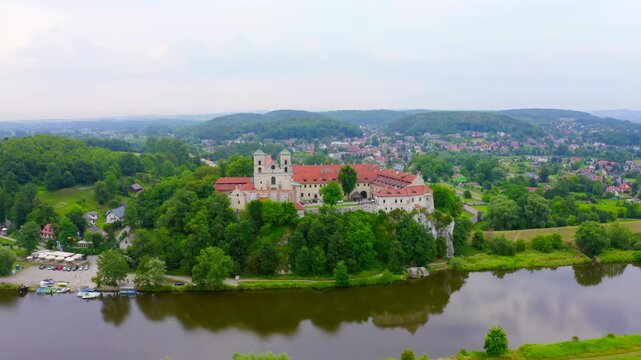 Krakow, Poland. Benedictine Abbey (Tynets) on the Vistula River. The Benedictine monastery was founded in 1044. Drone footage, Point of interest