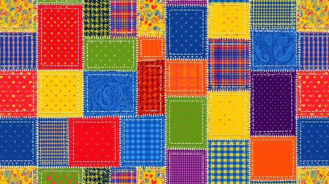 Vibrant seamless patchwork quilt pattern with colorful fabric squares and stitched borders. Ideal for creative craft backgrounds or textile design projects.