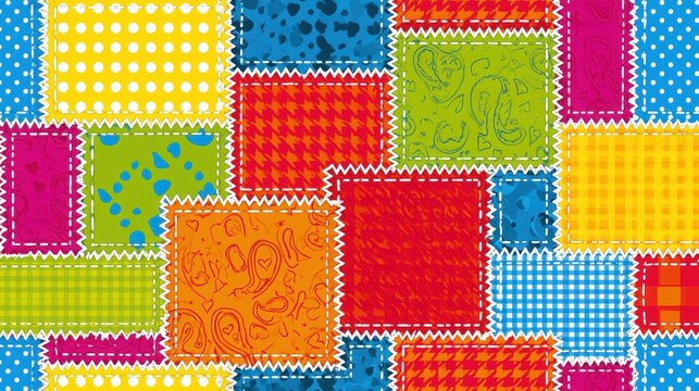 Seamless background featuring colorful patchwork quilt fabric with varied patterns and zigzag stitches. This vibrant design is perfect for textile projects and creative digital.