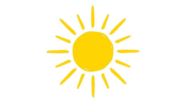 A simple hand drawn yellow sun icon isolated against a clean white background setting with illustration radiating rays graphic element isolated