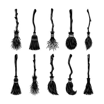 Silhouettes halloween witch broomstick set for spooky designs