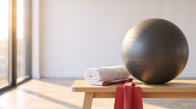 Home fitness equipment on a wooden bench. Grey stability ball with rolled towel and resistance band in a bright sunlit room. Healthy lifestyle concept