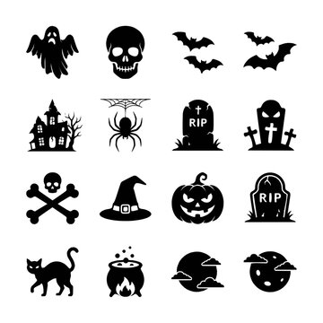 Black silhouettes halloween icons of ghost skull pumpkin and bat