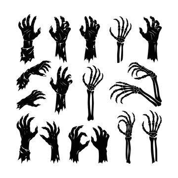 Silhouettes halloween zombie and skeleton hands reaching up vector set
