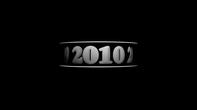 Metallic monochrome animated odometer counter displaying rapidly scrolling 2006-to-2010-year digits within a cylindrical display slot against a black background. Animated timeline milestone tracker