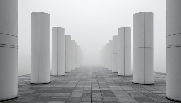 Endless symmetrical grid of white cylindrical architectural pillars disappearing into dense mysterious fog