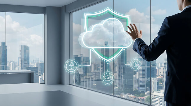 Businessman interacting with futuristic cloud cybersecurity shield interface in modern corporate office, featuring cloud computing data protection, padlock encryption, user authentication, and network