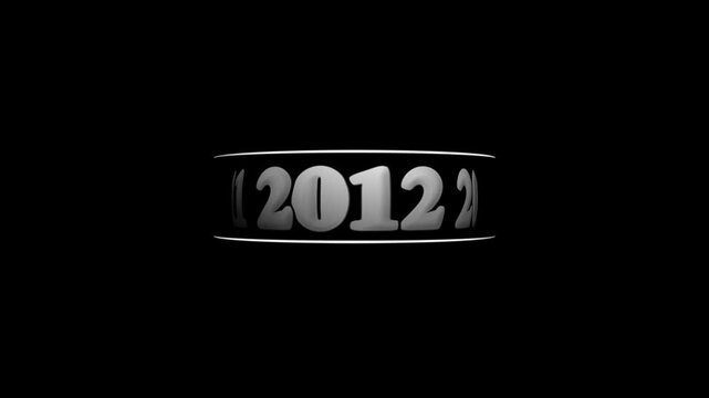 Metallic monochrome animated odometer counter displaying rapidly scrolling 2008-to-2012-year digits within a cylindrical display slot against a black background. Animated timeline milestone tracker