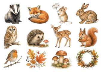 Fototapeta premium PNG Cute woodland animals, birds, mushrooms, and autumn leaves