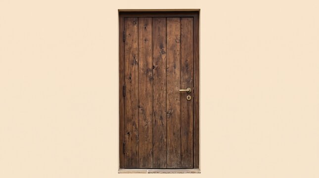 Rustic dark wooden plank door with natural grain textures and a brass handle set against a light beige wall.   