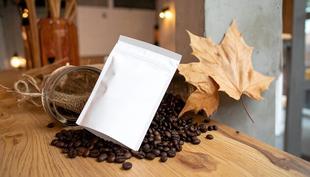 Blank white foil pouch beside roasted espresso beans and dry maple leaf in cafe