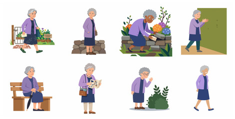 Fototapeta premium Elderly Woman Character Set with Various Daily Activities and Poses