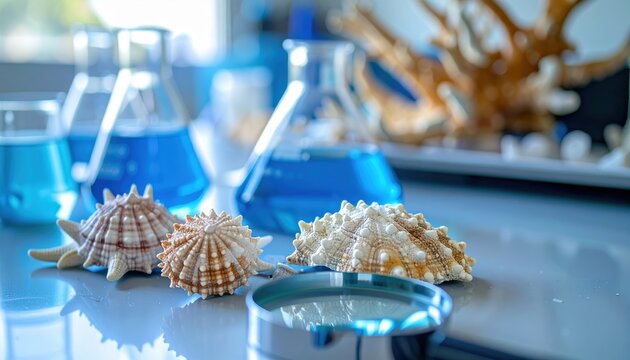 Marine biology laboratory workspace with sea urchin shells, coral pieces, blue liquid flasks and magnifying lens