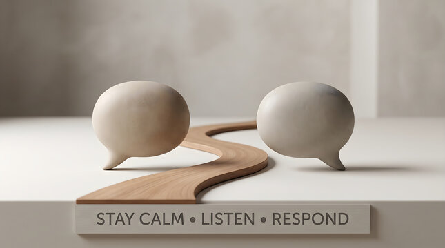 Minimalist communication concept designed to de-escalate conflicts with stay calm listen and respond text