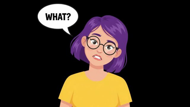 Confused young woman with purple hair and glasses asking 'What?' in a speech bubble, expressing uncertainty and bewilderment.
