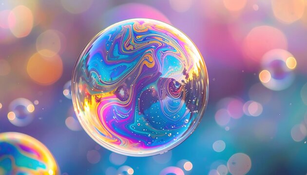 Large soap bubble with colorful iridescent swirls surrounded by smaller droplets