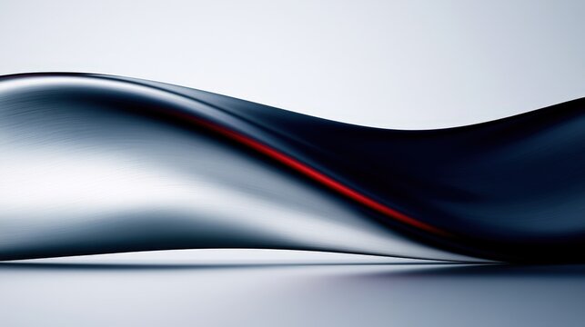 Abstract metallic wave with a sleek dark surface and glowing red line under dramatic studio lighting. Ideal for technology and modern design backgrounds.