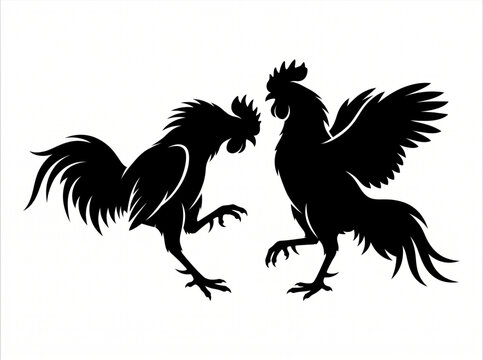 Black silhouette of two fighting roosters on a white background