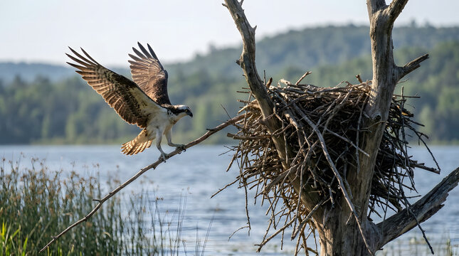 Osprey landing on bare tree branch near nest beside lake wings spread wide hunting bird of prey in natural habitat