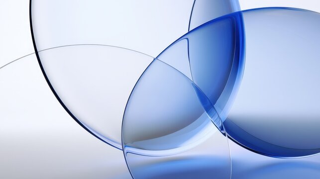 Abstract macro view of curved glass lenses featuring soft blue lighting and reflections. Ideal for optical technology and healthcare concepts.