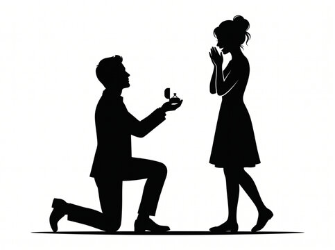 Black silhouette of a man proposing marriage to a surprised woman