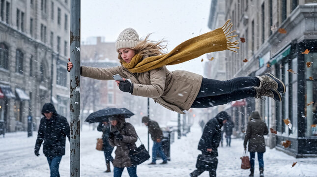 Always Connected: Woman Floating in City Blizzard Glued to Her Smartphone,emphasizing the theme of modern technology addiction and screen obsession in any situation.