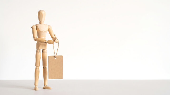 Marketing team KPI and employee evaluation concept with wooden mannequin holding blank label tag for performance review presentation banner