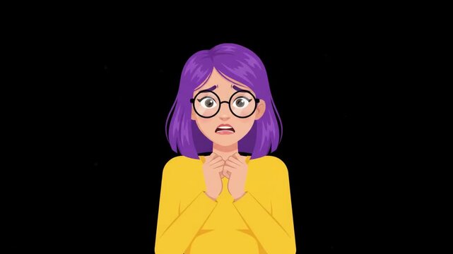 Young woman with purple hair and glasses looking scared and worried, expressing fear and anxiety.