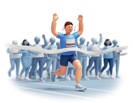 3D character of a male runner winning a marathon race, crossing the finish line tape with raised arms in celebration