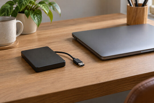 External storage drive beside a closed laptop